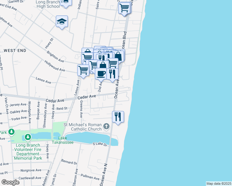 map of restaurants, bars, coffee shops, grocery stores, and more near Ocean Avenue & Cedar Avenue in Long Branch