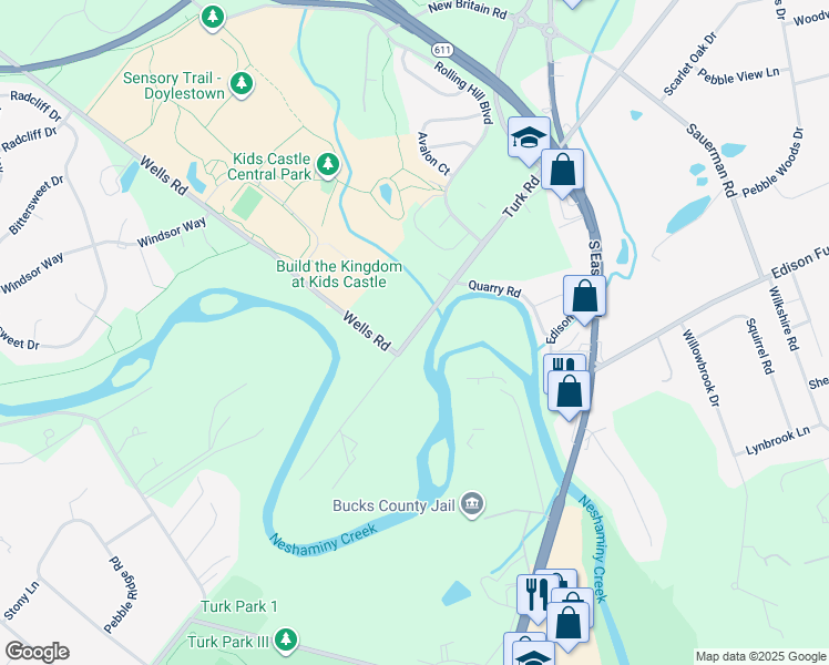map of restaurants, bars, coffee shops, grocery stores, and more near 1808 Turk Road in Doylestown