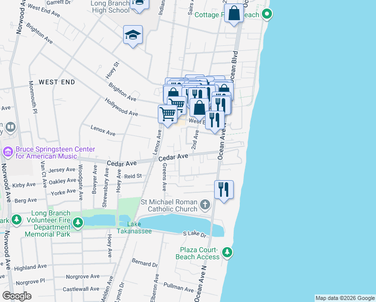 map of restaurants, bars, coffee shops, grocery stores, and more near 60 Cedar Avenue in Long Branch