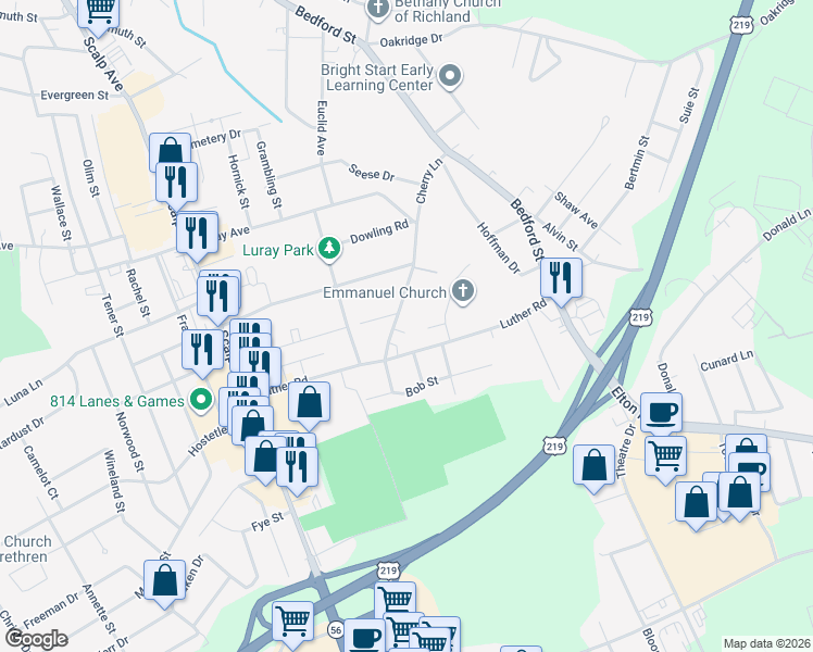 map of restaurants, bars, coffee shops, grocery stores, and more near 200 Cherry Lane in Johnstown