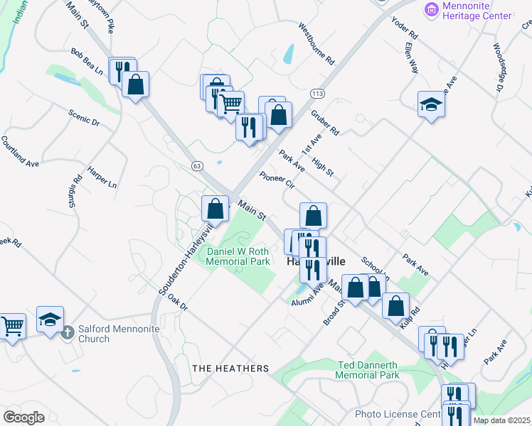 map of restaurants, bars, coffee shops, grocery stores, and more near 555 Main Street in Harleysville