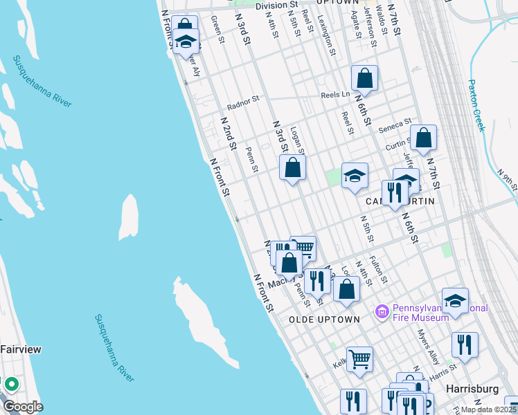 map of restaurants, bars, coffee shops, grocery stores, and more near 2305 North 2nd Street in Harrisburg