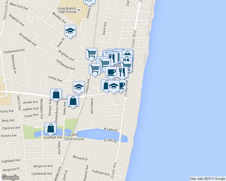 map of restaurants, bars, coffee shops, grocery stores, and more near 36 New Court in Long Branch