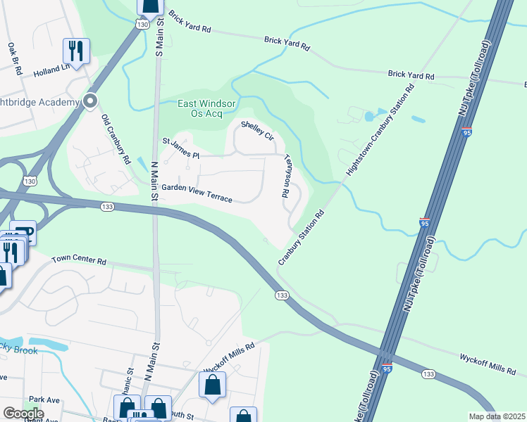 map of restaurants, bars, coffee shops, grocery stores, and more near 56 Garden View Terrace in East Windsor