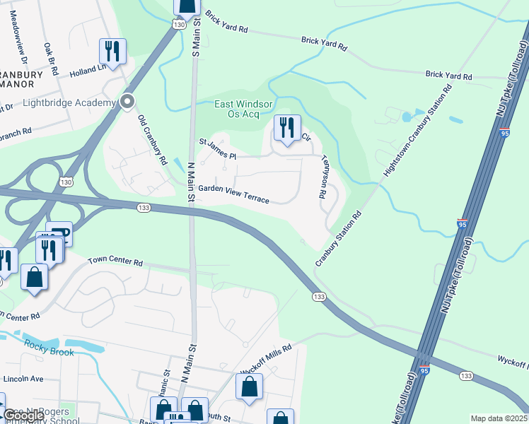 map of restaurants, bars, coffee shops, grocery stores, and more near 43 Garden View Terrace in East Windsor