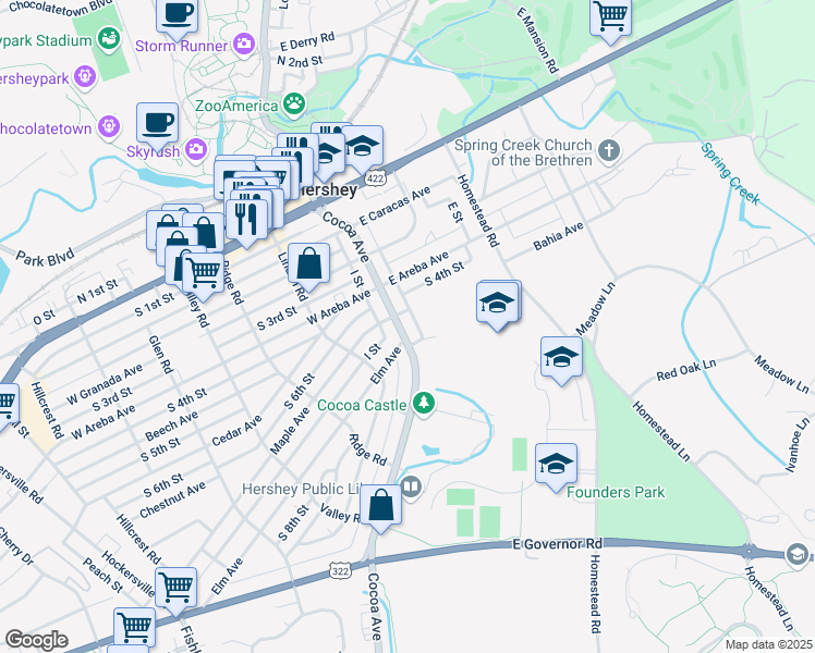 map of restaurants, bars, coffee shops, grocery stores, and more near 315 School Plaza in Hershey