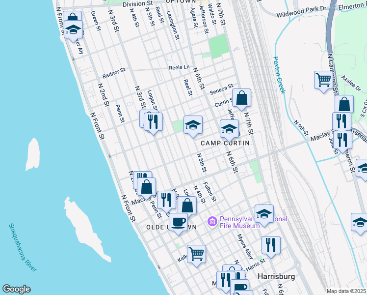 map of restaurants, bars, coffee shops, grocery stores, and more near 2257 Atlas Street in Harrisburg