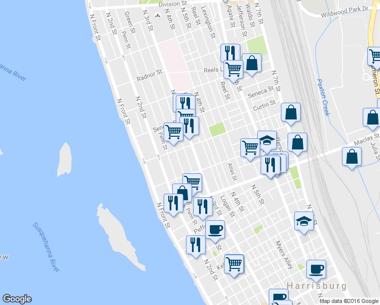 map of restaurants, bars, coffee shops, grocery stores, and more near 2300 North 3rd Street in Harrisburg