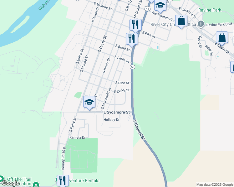 map of restaurants, bars, coffee shops, grocery stores, and more near 905 Division Street in Attica