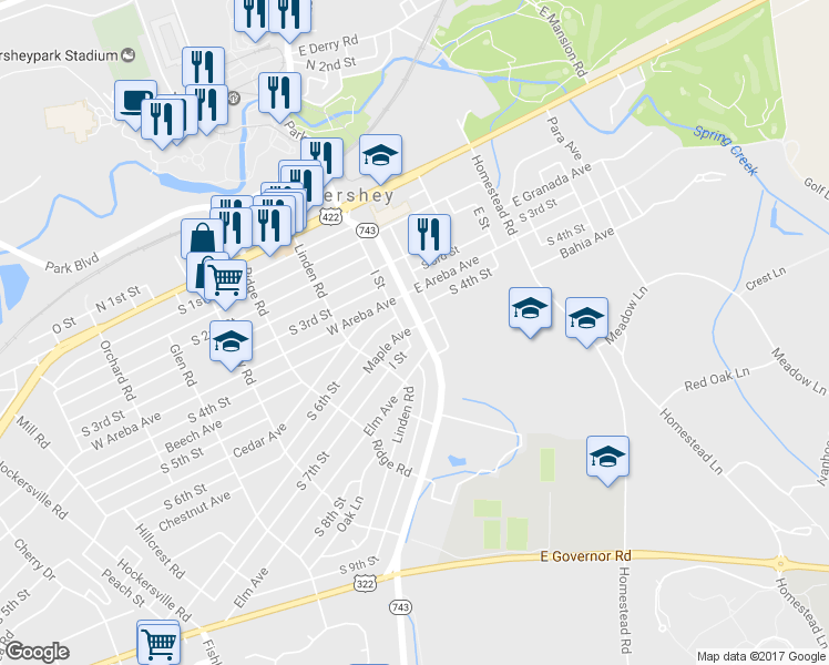 map of restaurants, bars, coffee shops, grocery stores, and more near 400 Cocoa Avenue in Hershey