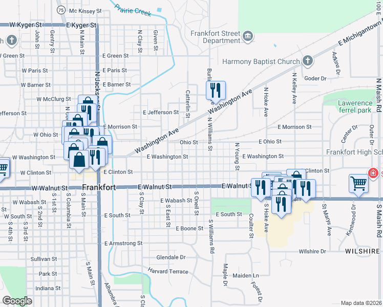 map of restaurants, bars, coffee shops, grocery stores, and more near Ohio St in Frankfort