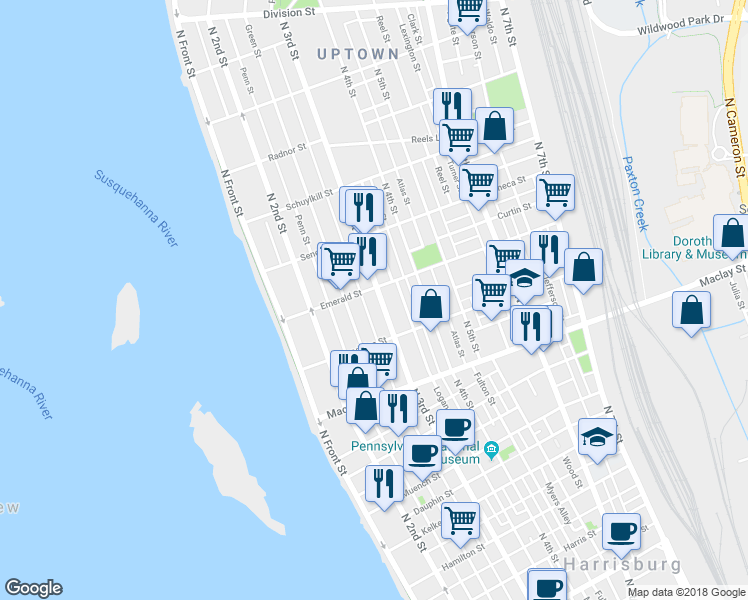 map of restaurants, bars, coffee shops, grocery stores, and more near 2246 North 3rd Street in Harrisburg
