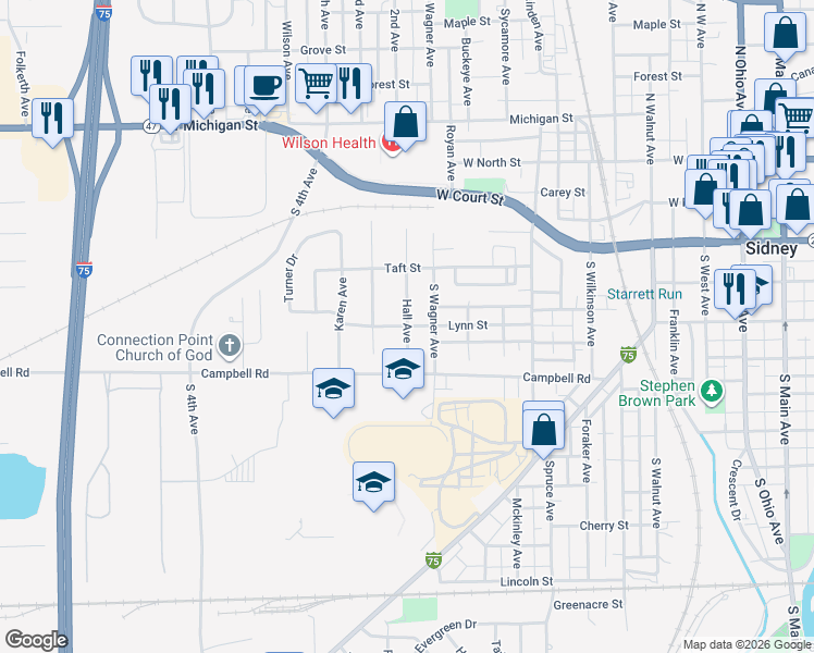 map of restaurants, bars, coffee shops, grocery stores, and more near 500 Hall Avenue in Sidney