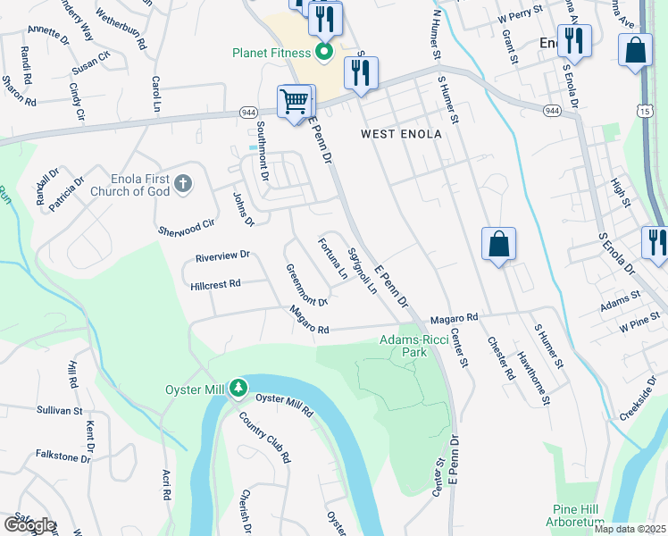 map of restaurants, bars, coffee shops, grocery stores, and more near 5 Fortuna Lane in Enola