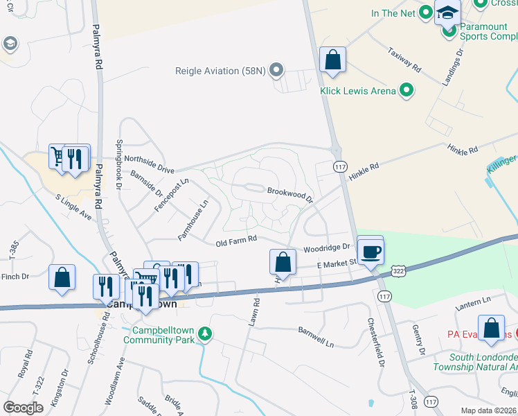 map of restaurants, bars, coffee shops, grocery stores, and more near 57 South Village Circle in Palmyra