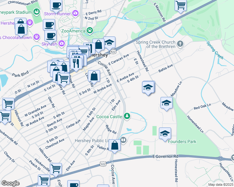 map of restaurants, bars, coffee shops, grocery stores, and more near 400 Cocoa Avenue in Hershey