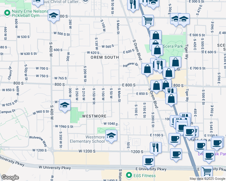 map of restaurants, bars, coffee shops, grocery stores, and more near 831 South 50 West in Orem