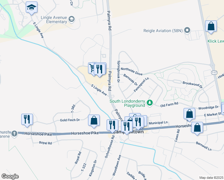 map of restaurants, bars, coffee shops, grocery stores, and more near 101 Northside Commons in Palmyra