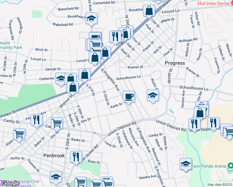 map of restaurants, bars, coffee shops, grocery stores, and more near 3212 Meadow Lane in Harrisburg