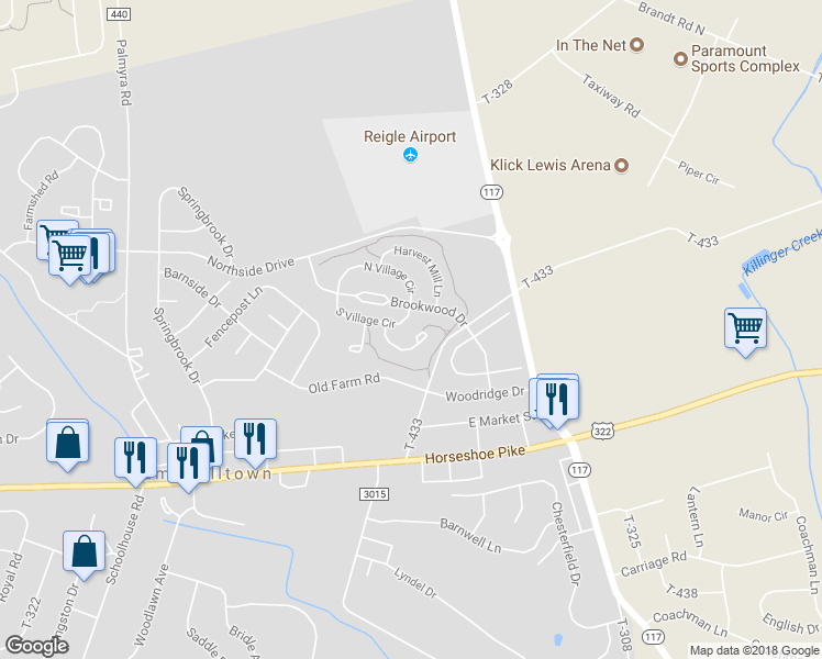 map of restaurants, bars, coffee shops, grocery stores, and more near 74 South Village Circle in Palmyra