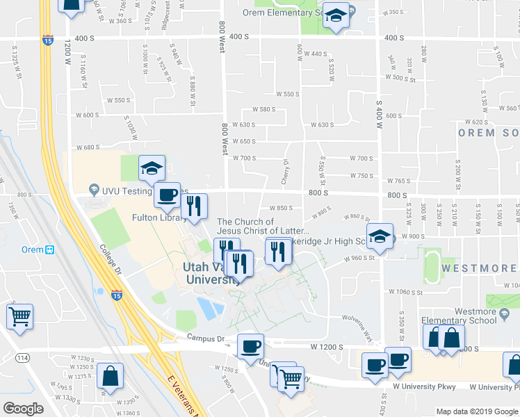 map of restaurants, bars, coffee shops, grocery stores, and more near 799 West 850 South in Orem