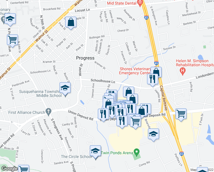 map of restaurants, bars, coffee shops, grocery stores, and more near 3812 Bonnyview Road in Harrisburg