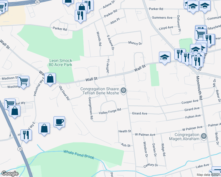 map of restaurants, bars, coffee shops, grocery stores, and more near 18 Old Queens Court in Eatontown