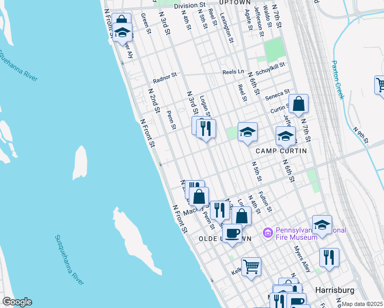 map of restaurants, bars, coffee shops, grocery stores, and more near Green St & Emerald St in Harrisburg