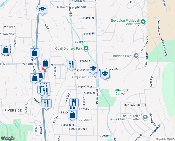 map of restaurants, bars, coffee shops, grocery stores, and more near 3678 North 550 East in Provo