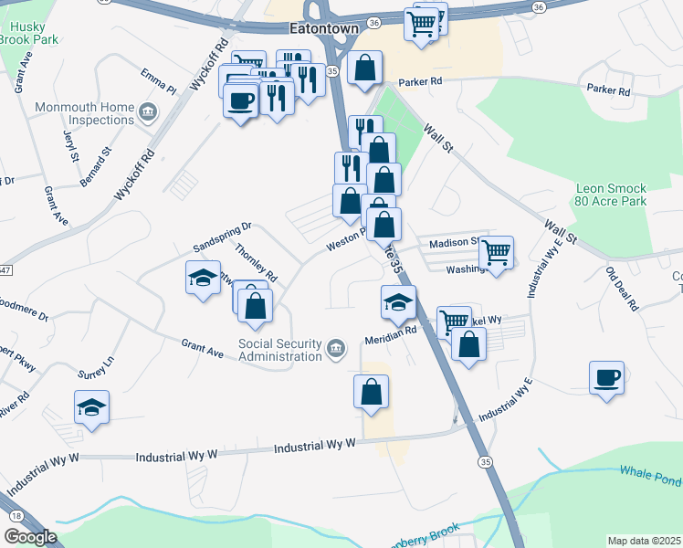 map of restaurants, bars, coffee shops, grocery stores, and more near 154 Waypoint Drive in Eatontown