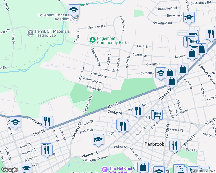 map of restaurants, bars, coffee shops, grocery stores, and more near 2404 Columbia Avenue in Harrisburg