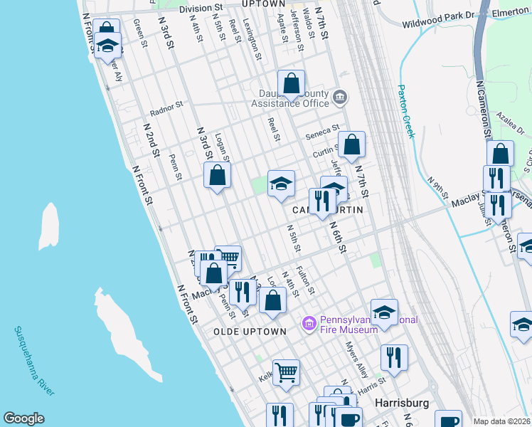 map of restaurants, bars, coffee shops, grocery stores, and more near 2257 Atlas Street in Harrisburg