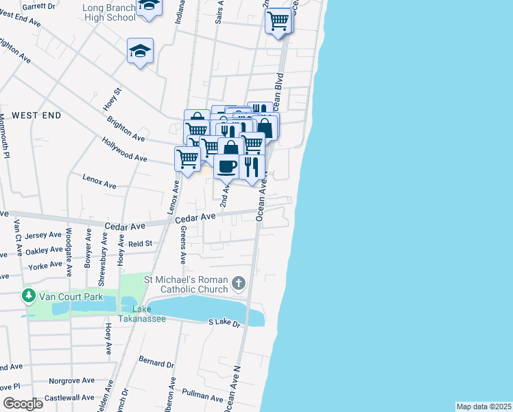 map of restaurants, bars, coffee shops, grocery stores, and more near 660 Ocean Avenue in Long Branch