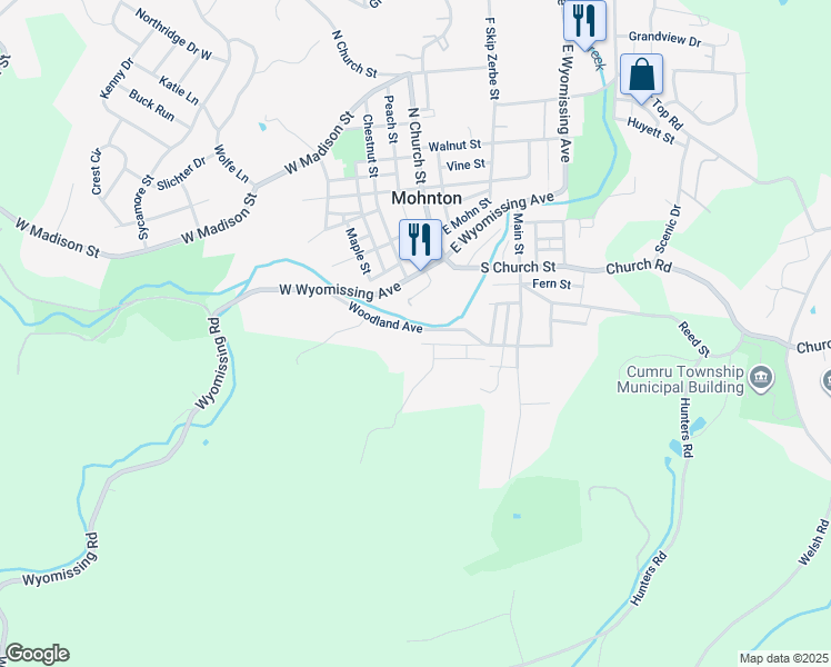 map of restaurants, bars, coffee shops, grocery stores, and more near 148 Woodland Avenue in Mohnton