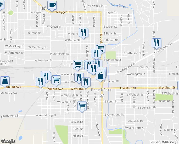 map of restaurants, bars, coffee shops, grocery stores, and more near 54 West Washington Street in Frankfort