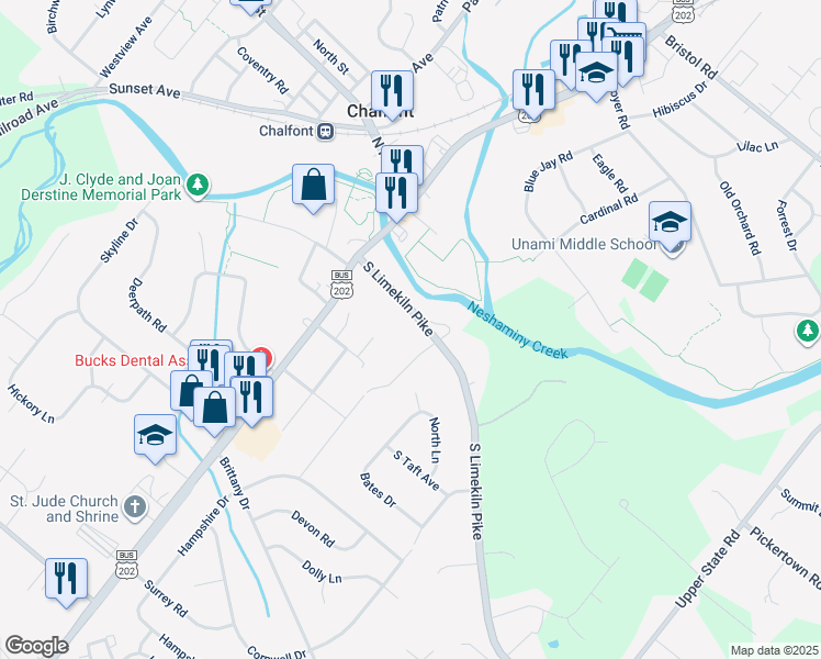 map of restaurants, bars, coffee shops, grocery stores, and more near 64 South Limekiln Pike in Chalfont