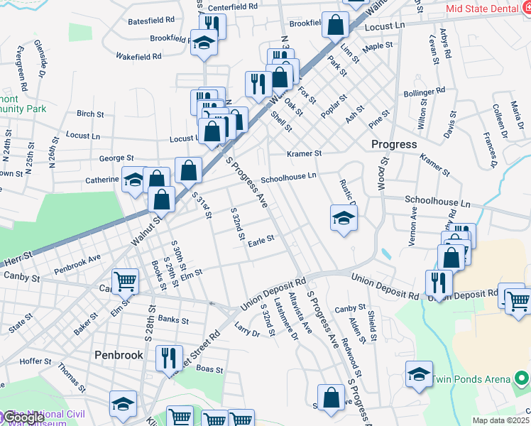 map of restaurants, bars, coffee shops, grocery stores, and more near 3214 Meadow Lane in Harrisburg
