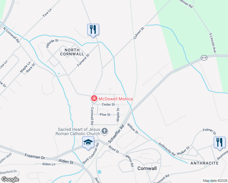 map of restaurants, bars, coffee shops, grocery stores, and more near 13 Oak Street in Cornwall