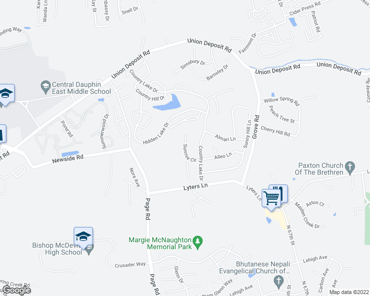 map of restaurants, bars, coffee shops, grocery stores, and more near 891 Sunrise Circle in Harrisburg