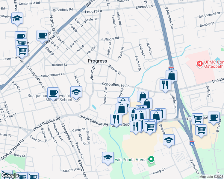 map of restaurants, bars, coffee shops, grocery stores, and more near 3801 Schoolhouse Lane in Harrisburg