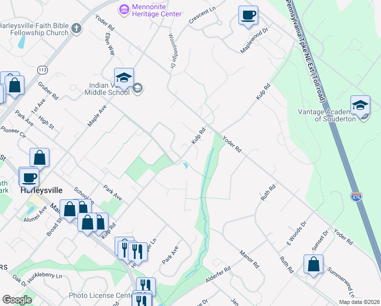map of restaurants, bars, coffee shops, grocery stores, and more near 146 Kulp Road in Harleysville