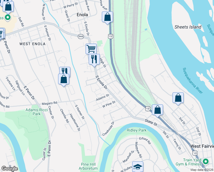 map of restaurants, bars, coffee shops, grocery stores, and more near 242 South Enola Drive in Enola