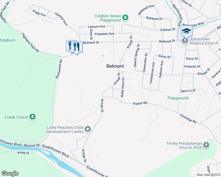 map of restaurants, bars, coffee shops, grocery stores, and more near 430 Catalina Drive in Johnstown