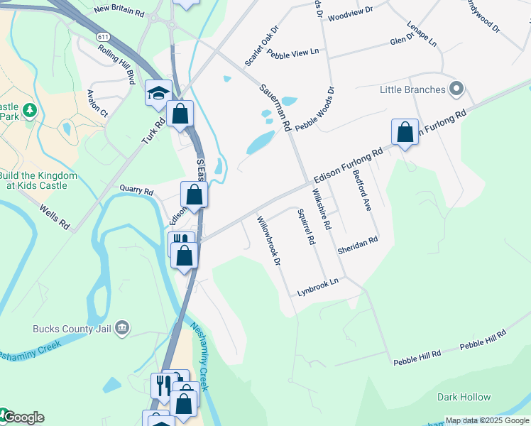 map of restaurants, bars, coffee shops, grocery stores, and more near 1 Squirrel Road in Doylestown