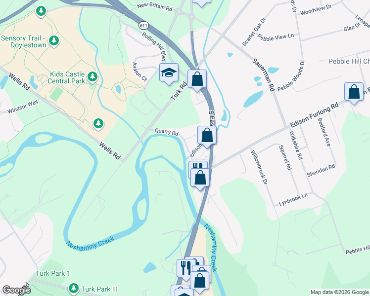 map of restaurants, bars, coffee shops, grocery stores, and more near 61 Quarry Road in Doylestown