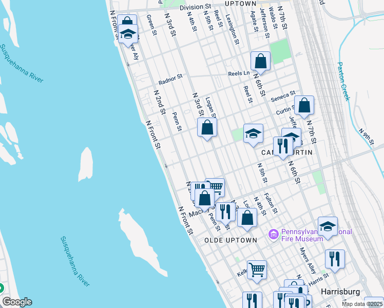 map of restaurants, bars, coffee shops, grocery stores, and more near 2322 Green Street in Harrisburg