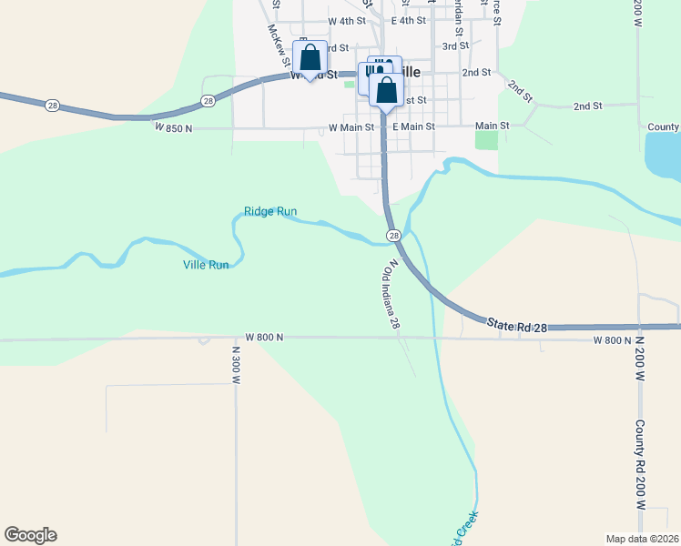 map of restaurants, bars, coffee shops, grocery stores, and more near 8160 Indiana 28 in Ridgeville