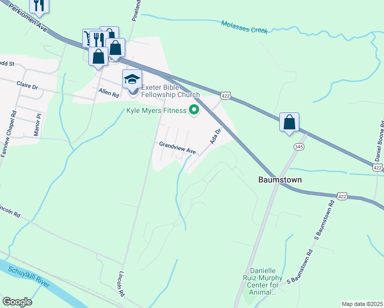 map of restaurants, bars, coffee shops, grocery stores, and more near 505 Grandview Avenue in Birdsboro