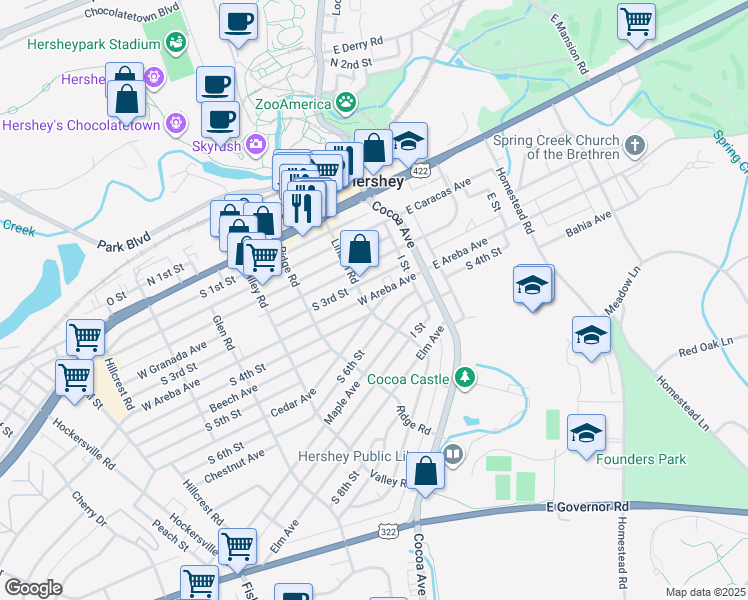 map of restaurants, bars, coffee shops, grocery stores, and more near 53 West Areba Avenue in Hershey