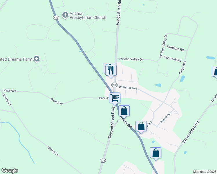 map of restaurants, bars, coffee shops, grocery stores, and more near 2615 Windy Bush Road in Newtown